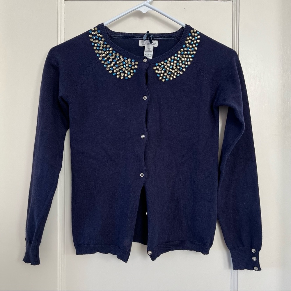 Girls Rhinestone Jeweled Button Down Cardigan Blue 100% Cotton Sz Medium 7/8 Yrs